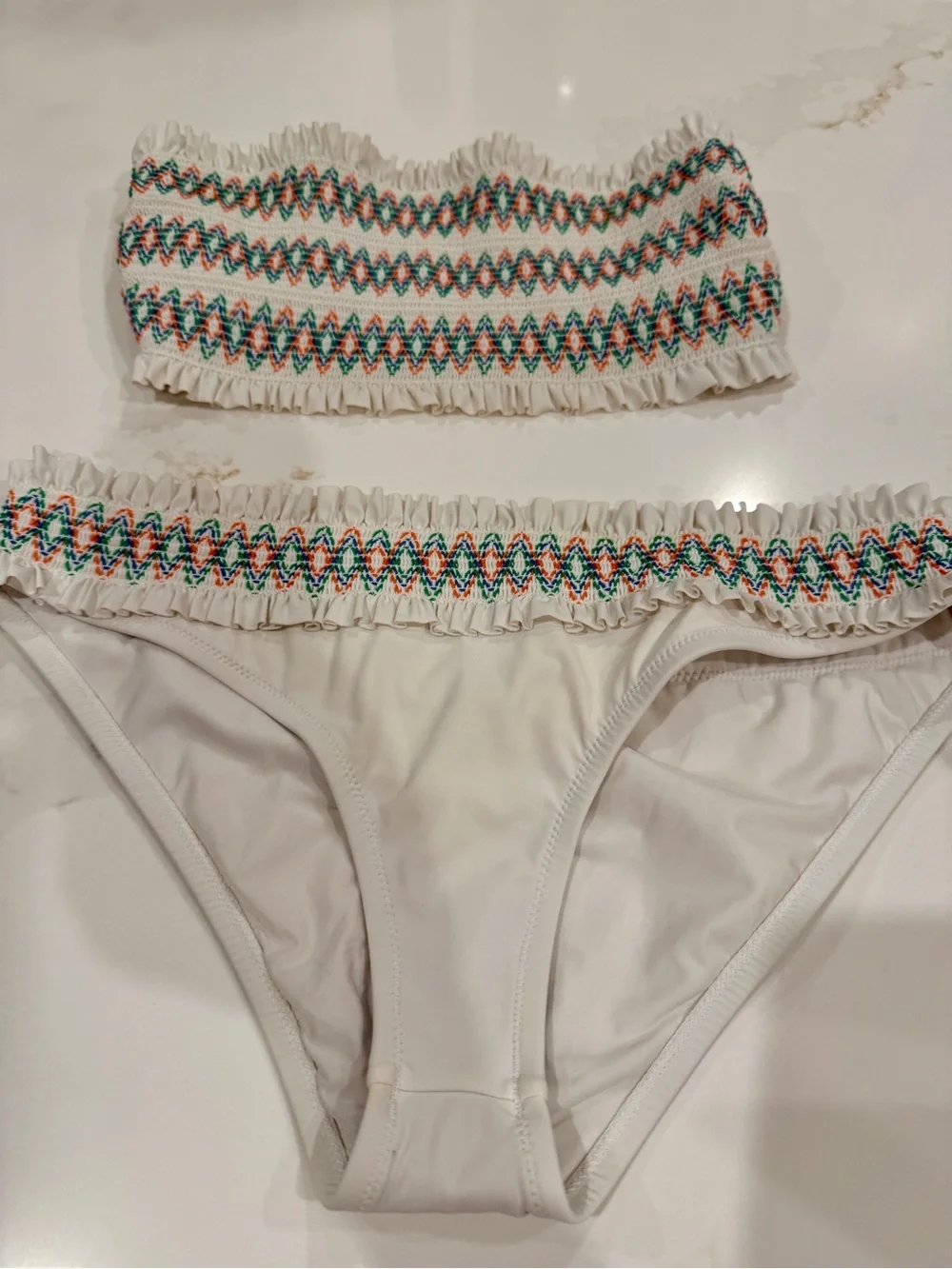Tory Burch White Smocked Bandeau Bikini with Multicolor Stitching